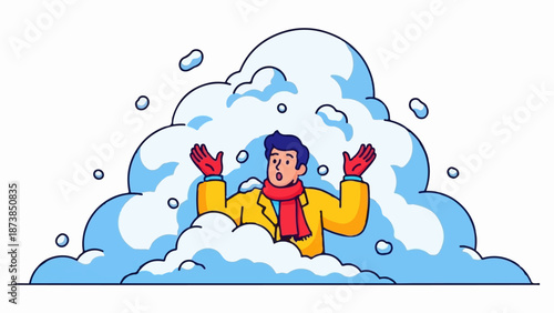 Man buried in snow, arms outstretched in surprise, wearing yellow coat