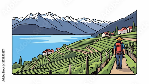 Hiker treks through terraced vineyards with snow-capped mountains and lake backdrop