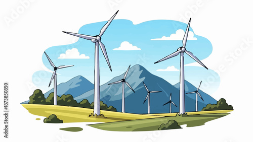 Gentle breeze turns giant turbines on a grassy hill, with blue mountains behind