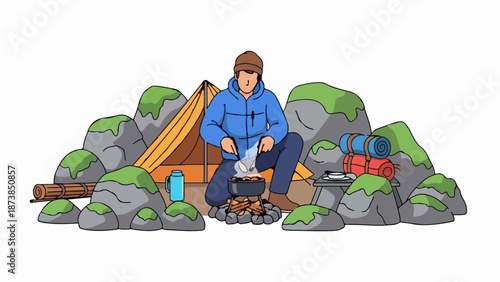 Man camping, cooking food by campfire, tent and sleeping bags nearby