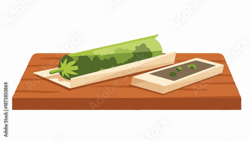 Green vegetable on a wooden board with a small dish