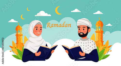 A soft pastel cartoon of hijab woman and peci man drinking water at iftar time
