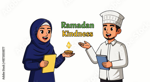 A colorful cartoon illustration of hijab woman planning Ramadan schedule with peci man
