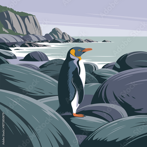 King penguin stands amongst dark volcanic rocks on a coastal shoreline with cliffs and the sea in the background during the day.