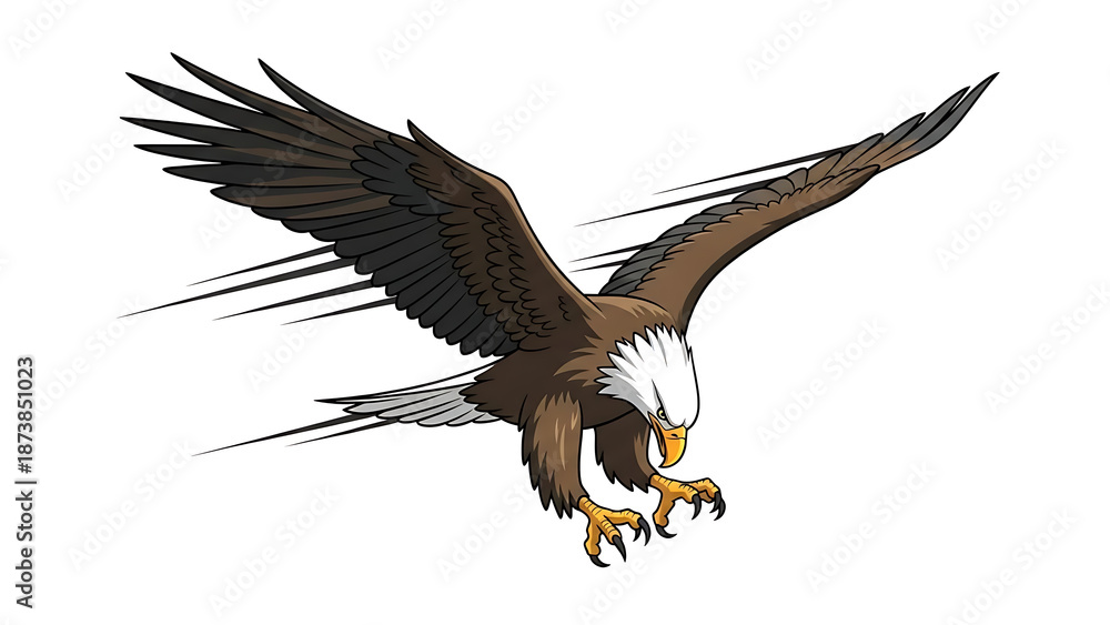 Obraz premium Majestic bald eagle in flight, with wings spread and talons extended, capturing the power and grace of this iconic bird of prey