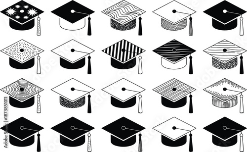Black and white graduation caps with various patterns and textures