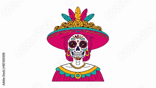 Festive skull adorned with flowers, feathers, and elaborate jewelry