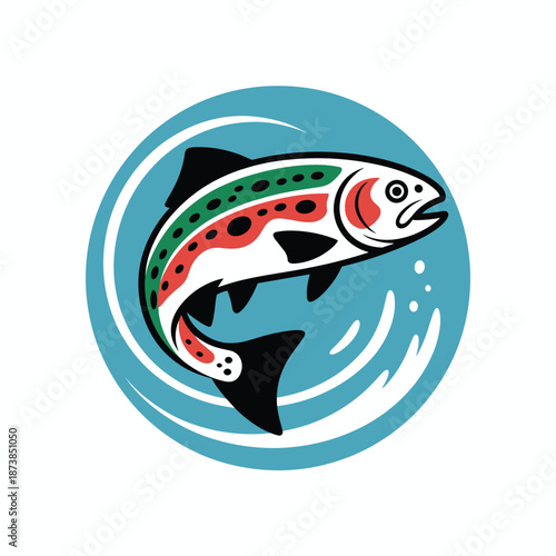 Colorful rainbow trout jumps out of the water in a circular splash against a blue background in a bold graphic design style.