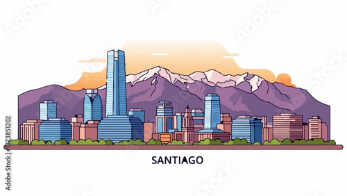 Flat illustration of a city skyline with mountains behind it