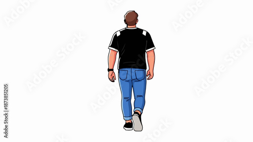 Man in black shirt and blue jeans walking away, pixel art style