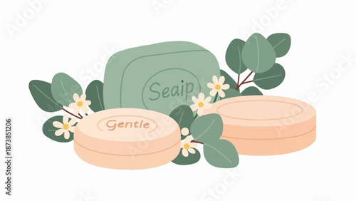 Gentle, herbal, and round soaps with delicate blossoms and foliage
