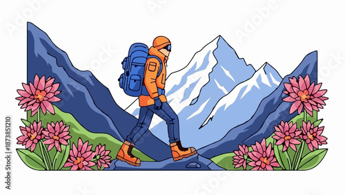 Hiker with backpack traverses rocky mountain path amidst pink flowers and snowy peaks