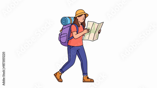 Hiker woman with backpack consulting map