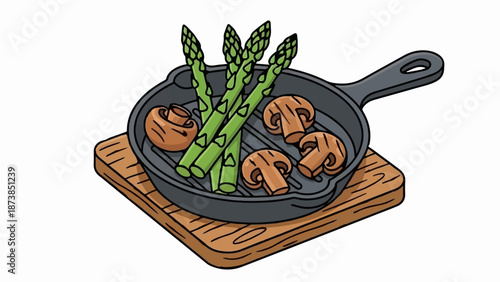Grilling fresh asparagus and sliced mushrooms in a cast iron pan on a wooden board