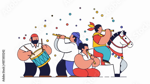 Festive parade with musicians and a horse, colorful confetti