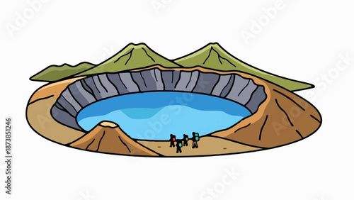 Hikers explore a vibrant blue crater lake surrounded by green, conical mountains