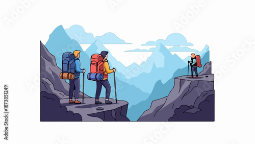 Hikers with backpacks explore a majestic mountain range at sunrise