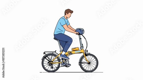 Man in blue shirt riding yellow foldable bicycle on white background
