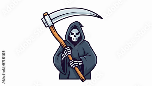 Grim Reaper character with scythe, hooded, skeleton face, gloved hands