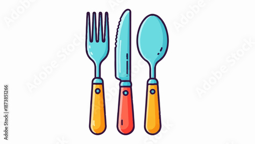 Flat illustration of a fork, knife, and spoon with blue heads and orange handles
