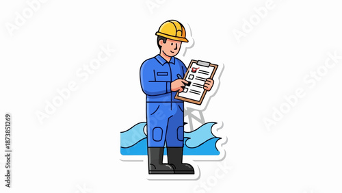 Man in blue uniform and yellow hard hat with checklist, standing in water waves
