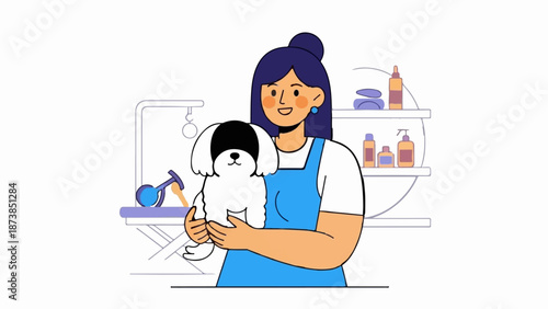 Groomer holds fluffy white dog with dark face, surrounded by grooming tools and shelves