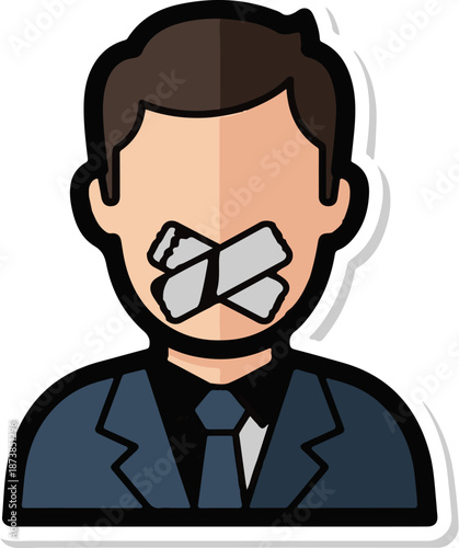Flat illustration of a person in a suit with their mouth taped shut