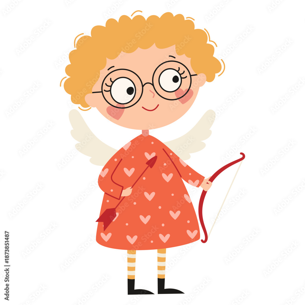 Obraz premium A cute cupid girl holding a bow and arrows, flat vector illustration on the theme of Valentine's Day. Vector illustration