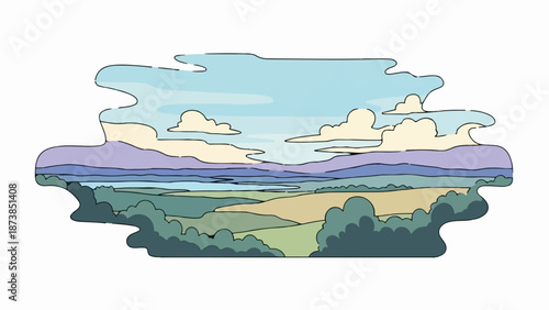 Gentle rolling hills with a calm body of water under a cloudy sky