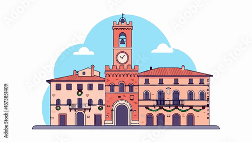 Festive Italian buildings with a central clock tower and holiday decor