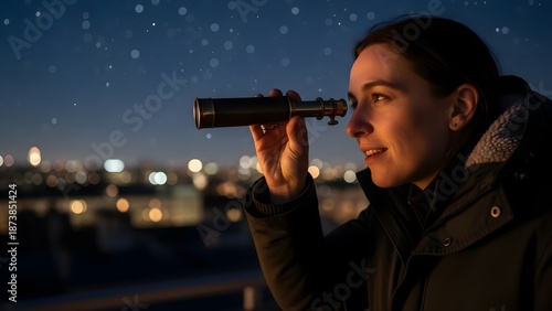 Woman gazing through telescope at starry night sky with city lights