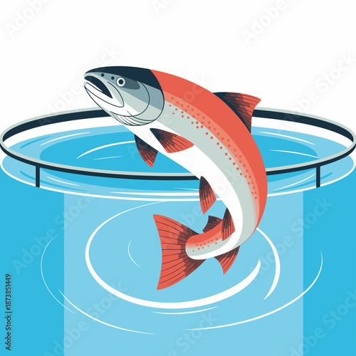 Silver and pink salmon leaps out of a circular pond with splashing water against a white background in a bold graphic style.
