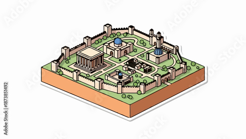 Isometric illustration of a fortified complex with classical buildings and domes