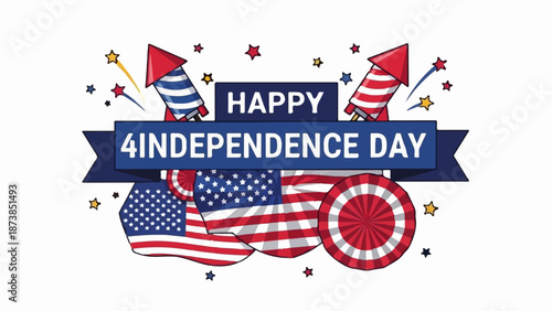 Festive illustration with fireworks, stars, American flags and patriotic rosettes celebrating Independence Day