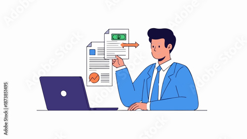 Man in suit presents documents with financial chart and money icon on laptop