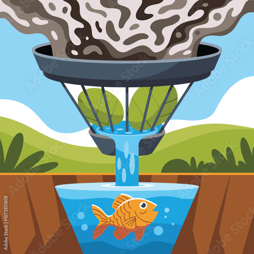 Environmental illustration showing polluted water being processed through a natural leaf filter into a clean bowl with a goldfish.