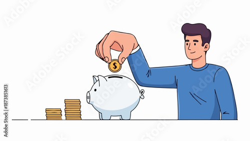 Man putting dollar coin into piggy bank next to growing coin stacks