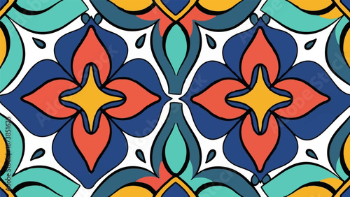 Geometric floral pattern with blue, coral, yellow, and teal elements on a white background