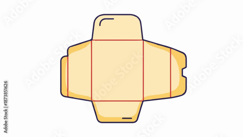 Flat lay of a cream colored box template with red fold lines and purple outline