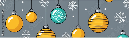 Festive holiday ornaments and snowflakes on a grey background