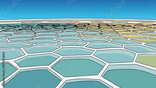 Geometric hexagonal grid pattern with blue sky and horizon