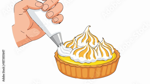 Hand decorating a tart with piped meringue