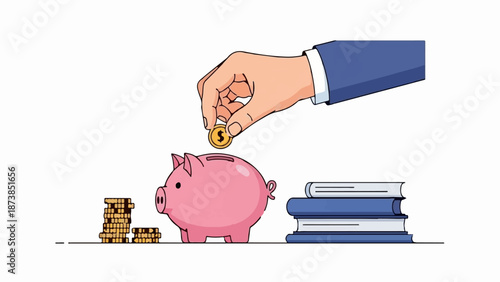 Hand deposits coin into pink piggy bank next to stacks of coins and books