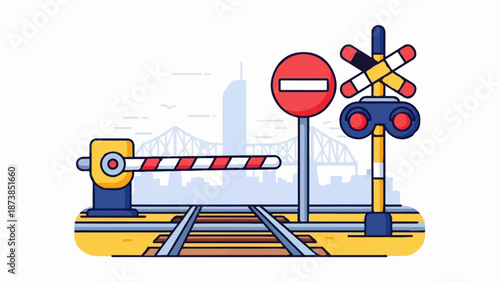 Flat vector illustration of a railway crossing with barrier, stop sign, and signals, city skyline backdrop