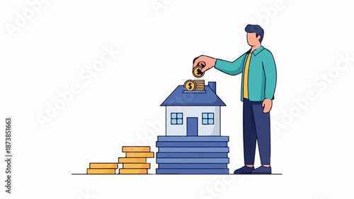Man saving coins into a house, with stacks of money