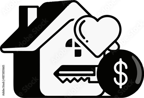 Icon of a house with a heart, key, and dollar coin, representing home ownership and investment