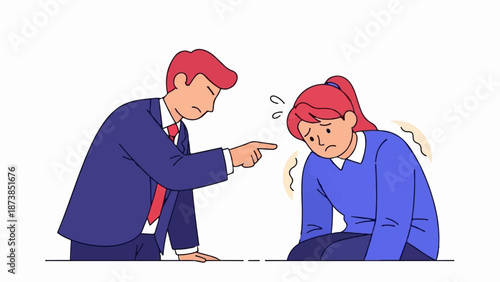 Man scolds upset woman, emphasizing disapproval with finger pointing