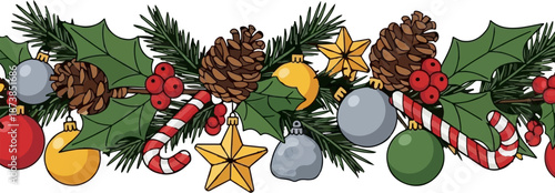 Festive holiday garland with pinecones, holly, ornaments, and candy canes