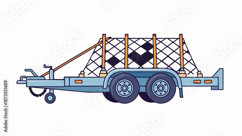Flatbed trailer with dual wheels and netting secured by wooden posts