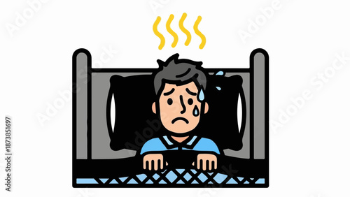 Man sweating profusely in bed, feeling overheated